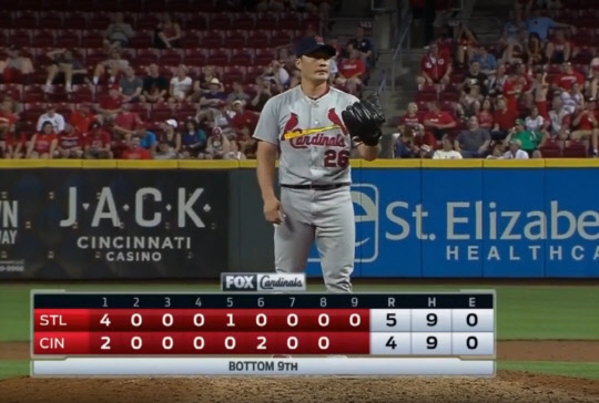 오승환(34·세인트루이스 카디널스)은 4일 (이하 한국시간) 신시내티 레즈전에서 5대4로 앞선 9회말 등판해 1이닝을 무실점으로 막았다. 사진=유튜브 캡쳐